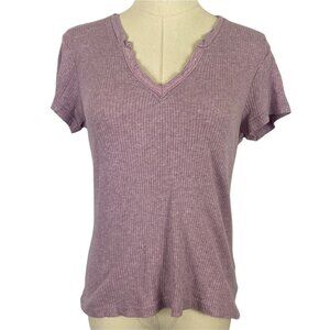 ⭐ 3/$15 Medium Purple Ribbed Lace Trim V Neck Short Sleeve Tee